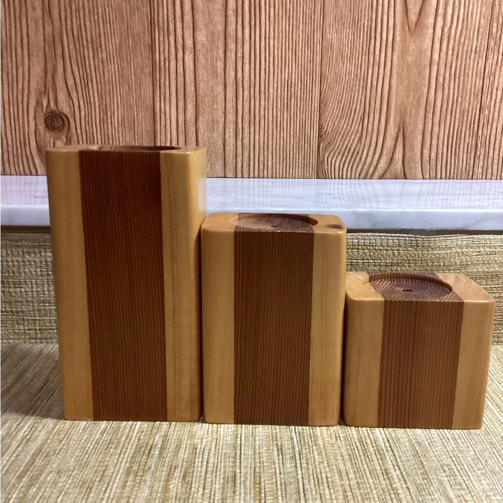 Hand Carved Wooden Graduated Candle Holders with open carving